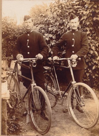 Kent County Constabulary Cyclist section
2 regular cyclists on the new bicycles bought at a cost of 8 guineas, c.1900.
Submitted by John Endicott
(Curator Kent Police Museum)

Keywords: Kent Cycles Cyclist Vehicles