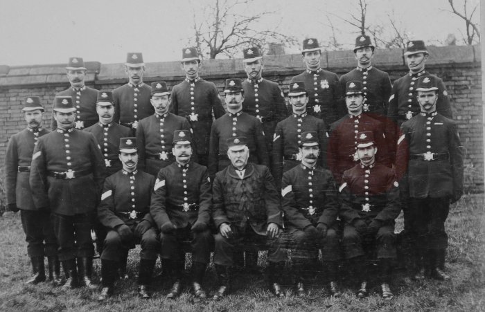 Constable Dudley with colleagues
Constable 368 George Dudley (front row right) served in the Cheshire Constabulary from 1893 until 17th January 1920, was stationed at Middlewich.

Photograph submitted by Thomas Newport
Keywords: Dudley Cheshire