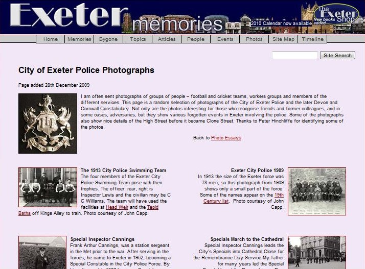 Exter Memories website
Contains lots of information about the former Exeter City Police
http://www.exetermemories.co.uk/em/_organisations/policephotos.php
Keywords: Exter