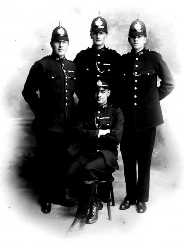 3 Chauffers and a Footman
Photograph of my Grandfather John Evans extreme left. It relates 
to the 3 chauffers and a footman sent by Lord Tredeager to help the Newport Bourgh Police in the general strike of 1926.
Submitted by: Martyn Evans
