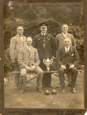Bowles Tournament 1929 - Headquarters Winners
Sgt Hetherington, Chief Supt Bell MBE, PC Lowes, Sgt Reay, Insp Hogarth

Submitted by David Lee
Keywords: Bowles DurhamCounty