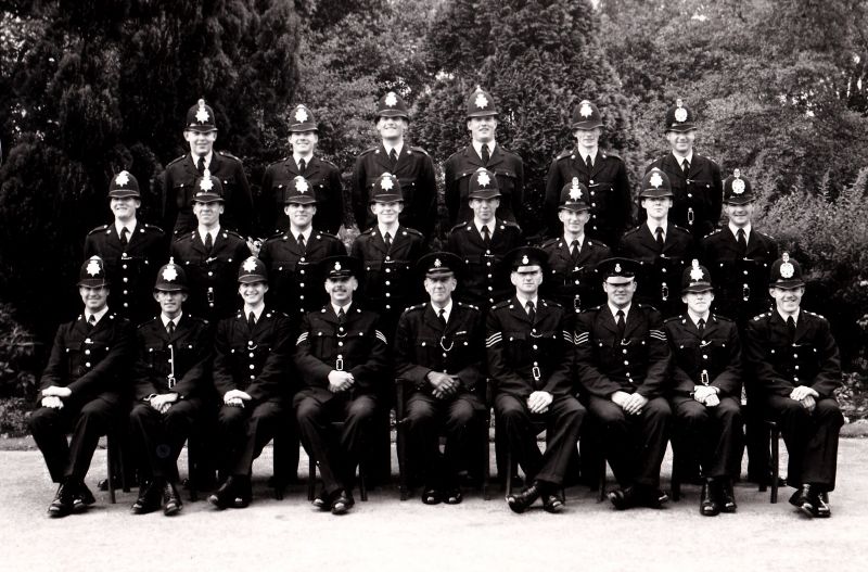 No 3 District PTC at Pannal Ash in August/September 1961
Sgt Williams is to the Inspector's right and Sgt Hunter to his left. The PC extreme right front row is Pc Tainsh (Leeds City?), PC David France, Centre row 2 from right and also on that row is Pc Milsom, Pc Dews, and Pc's Rhodes and Sharrocks are back row extreme left.

Submitted by: Pc 441 David France, B Div, Sheffield City Police (1961-64) later Hampshire Constabulary
