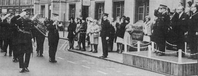 Annual Parade 1976; Bradford
West Yorkshire Metropolitan Police Band lead the parade past Chief Constable Mr. Ronald Gregory on the Town Hall saluting dias
Photograph submitted by: Alan Pickles 
Keywords: Yorkshire Bradford Band Gregory