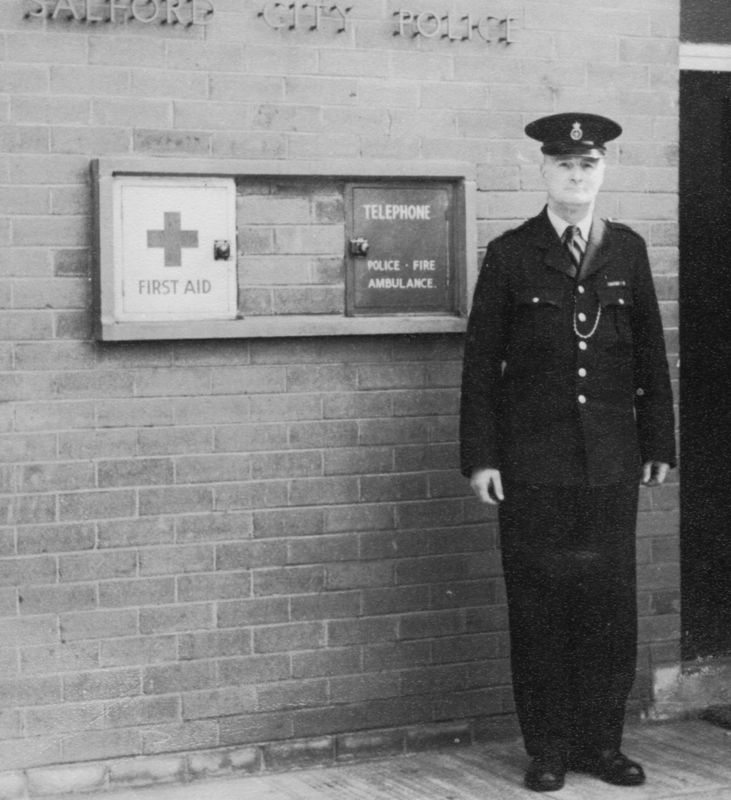 PC116 Harry (Crash) Hardisty
This was taken in the late 1950s outside the Pendleton office on Hankinson Street, Salford.
The policeman was my father, PC116 Harry (Crash) Hardisty. He died in December 2000, aged 86.
Submitted by Rod Hardisy
