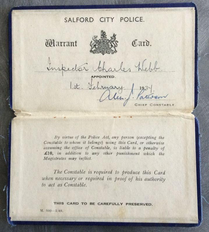 Warrant Card - Inspector Charles Webb
Warrant Card of Inspector Charles Webb signed by CC Alexander J Paterson
Submitted by Grandson Michael Webb
