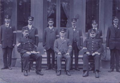 WRC Officers & Special Constables c. 1912
Times must have been hard in those days. Look at the tear in the trousers of the officer, front right.

Officers - Back Row - SC's Beres, Graveson. Mibyley, Collins, Carill,Watson
Front Row - Sgt Blacker, SC Meese, PC Sparrow

Photograph submitted by: Alan Pickles
Keywords: WRC  Officers