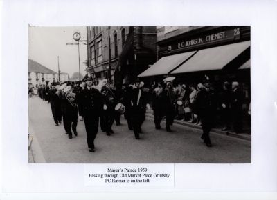 Mayors Parade 1959
Passing through Old Market Place
PC Rayner on left
Photograph submitted by PC Rayner
Keywords: Grimsby