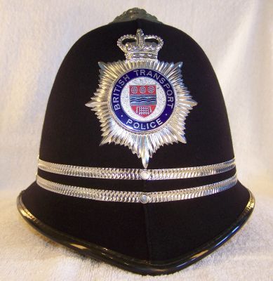 British Transport Police; Inspectors Helmet 1990's
British Transport Police; Inspectors Helmet 1990's, reinforced design, two thin chrome bands to denote rank
Keywords: transport helmet headwear