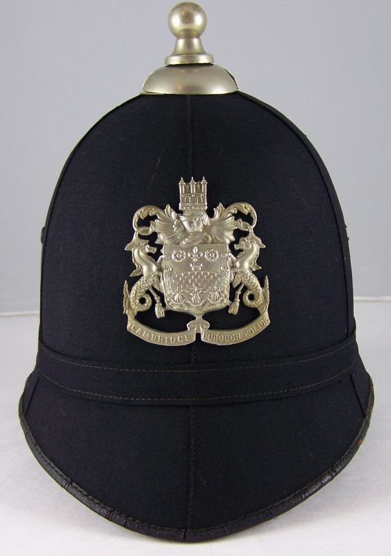 Cambridge Borough Police Helmet
Cambridge Borough Police helmet; smooth cloth; six panel; white metal helmet plate and ball top.
Keywords: Cambridge helmet