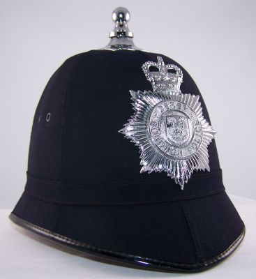 Derby Borough Helmet; 1960's
Derby Borough Helmet; 1960's, 6 panelled smooth cloth covered cork helmet with cloth centre band, chrome balltop with 8 pointed star base and chrome helmet plate
Keywords: derby helmet headwear