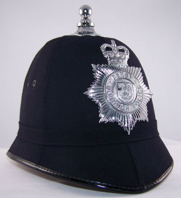 Derby Borough Helmet; 1960's
Derby Borough Helmet; 1960's, 6 panelled smooth cloth covered cork helmet with cloth centre band, chrome balltop with 8 pointed star base and chrome helmet plate
Keywords: derby helmet headwear