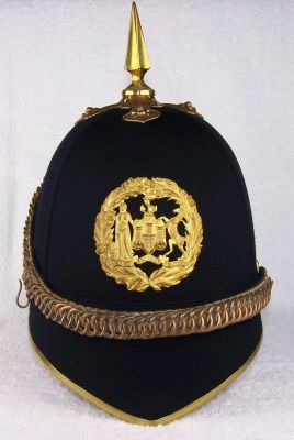 Edinburgh City Police; Senior Officers Ceremonial Helmet, 1920's
Edinburgh City Police; Senior Officers Ceremonial Helmet, 1920's, similar to Constables and Sergeants ceremonial helmets but of better quality and with gilded fittings and metal bound front peak
Keywords: edinburgh helmet headwear