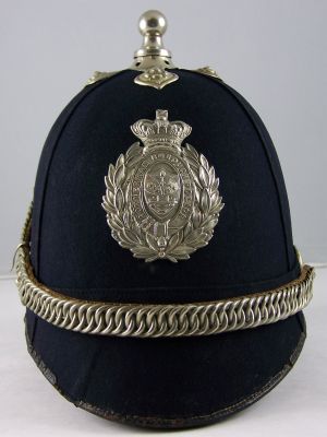 Rotherham Borough Police Helmet
Rotherham Borough Police Helmet, late Victorian, blue four panel cork construction, white metal helmet plate, ball top and chinchain
Keywords: rotherham, helmet