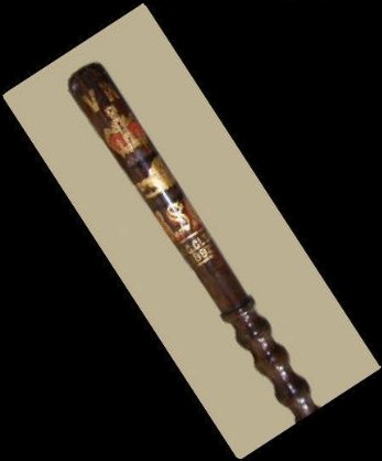 Truncheon
A Victorian painted and gilded hardwood truncheon. Gilt lettering states "G.Clegg 1897 B.S.C." Painted with the Bradford coat of arms and made to commemorate Queen Victoria's 1897 Jubilee. 
14 Inches long.
Keywords: Truncheon Bradford