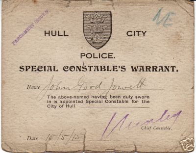 Hull City Police. SC Warrant Card 1915
Keywords: Hull Warrant SC