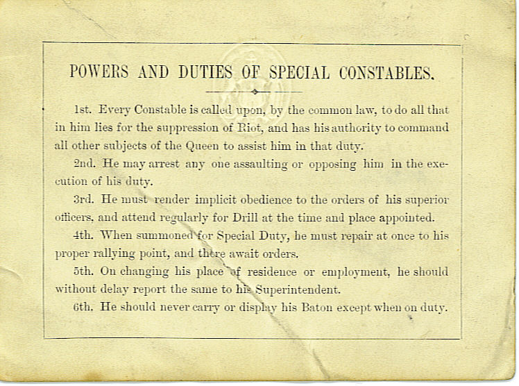 Edinburgh Special Constable Duties-1868
Duties of an Edinburgh Special Constable in 1868 as found on the back of his warrant card.
Keywords: Special Constable