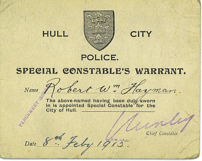 Hull City Police Special Constable's Warrant card-1915
Keywords: Hull Warrant