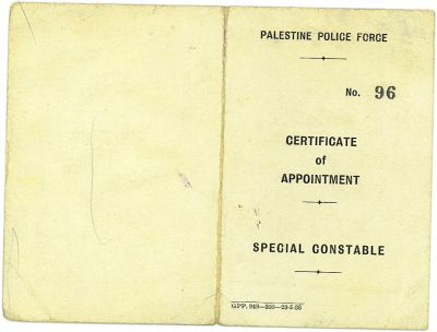 Special Constable Warrant Card-Palestine Mandate 2
Warrant card for a Special Constable under the Palestine Mandate.
Keywords: Palestine Warrant