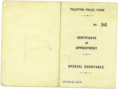 Special Constable Warrant Card-Palestine Mandate 2
Warrant card for a Special Constable under the Palestine Mandate.
Keywords: Palestine Warrant