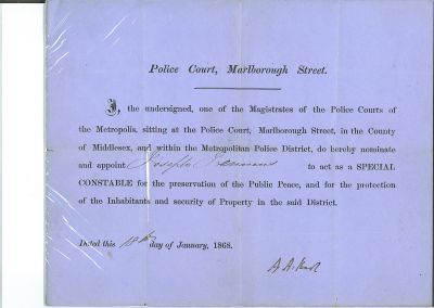 Metropolitan Special Constable's Warrant-1868
Warrant of Appointment for a Special Constable in the Metropolitan Police District, County of Middlesex, in January of 1868.  This would have been at the time of the Fenian riots.
Keywords: Metropolitan Special Constable Warrant