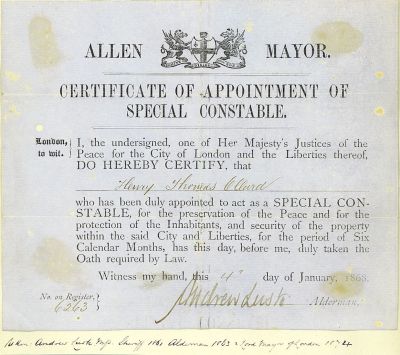 City of London Special Constable Appointment Warrant - 1868
City of London Special Constable Appointment Warrant for Henry Thomas Allard-4 Jan., 1868.  This was during the Fenian Riots. The appointing Justice, Andrew Lusk, was Sheriff-1861, Alderman-1863, and Lord Mayor of London-1874.

