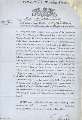 Appoint Warrant for a Special Constable-1848
Appointment warrant for a special constable in Saint John parish at Hackney dated 1848.  This would have been at the time of the expected Chartist riots which were peaceful.
Keywords: Warrant Special Constable chartist Metropolitan Met