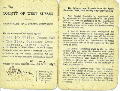 West Sussex Special Constable's Warrant Card-1942
A Special Constable's Warrant Card for the West Sussex Constabulary issued in 1942.
Keywords: West Sussex Special Constable Warrant Card