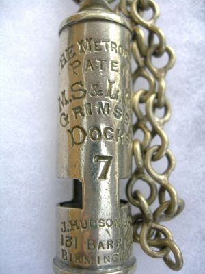 Victorian Grimsby Docks whistle
Very rare Manchester, Sheffield & Lincoln Railway Police whistle
Keywords: Whistle Manchester Sheffield Lincoln