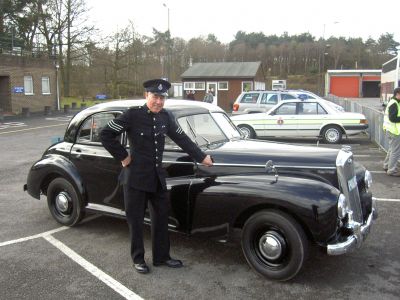 Filming for 'Police, Camera, Action!' 
The kent Police Museum were asked to supply their 1986 Ford Granada 2.8i 'Tug' for filming in an eppisode of 'Police, camaera, Action!' at the Quinetic Track in Surrey. Curator, John Endicott, was then asked to drive this 1930's Wolsely around the track for the same episode.
Keywords: camera action Wolsely test track quinetic