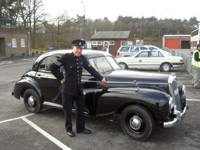 Filming for 'Police, Camera, Action!' 
The kent Police Museum were asked to supply their 1986 Ford Granada 2.8i 'Tug' for filming in an eppisode of 'Police, camaera, Action!' at the Quinetic Track in Surrey. Curator, John Endicott, was then asked to drive this 1930's Wolsely around the track for the same episode.
Keywords: camera action Wolsely test track quinetic