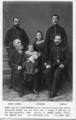 BRISTOL CONSTABULARY (CLIFTON BRIDGE INCIDENT 1896) -001
PC's Baker, 26C; Toogood, 20C; Wise, 90C; James Hazel, all of whom were involved in the rescue of the two girls; Elsie (3 yrs.) and Ruby (12 yrs.) Brown after they were thrown off the bridge by their father.

