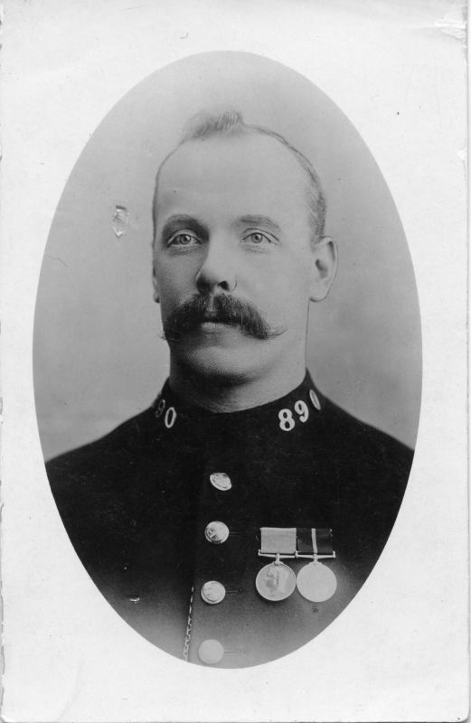 CITY OF LONDON POLICE, PC 890
Wearing 1897 Jubilee Medal and 1902 Coronation medal.
Button is 'Ripley #58'
No Divisional letter.
