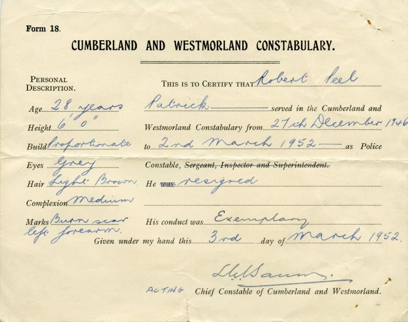 CUMBERLAND AND WESTMORLAND CONSTABULARY SERVICE RECORD
Record of Cst. Robert Peel Patrick (1946 - 1952)

