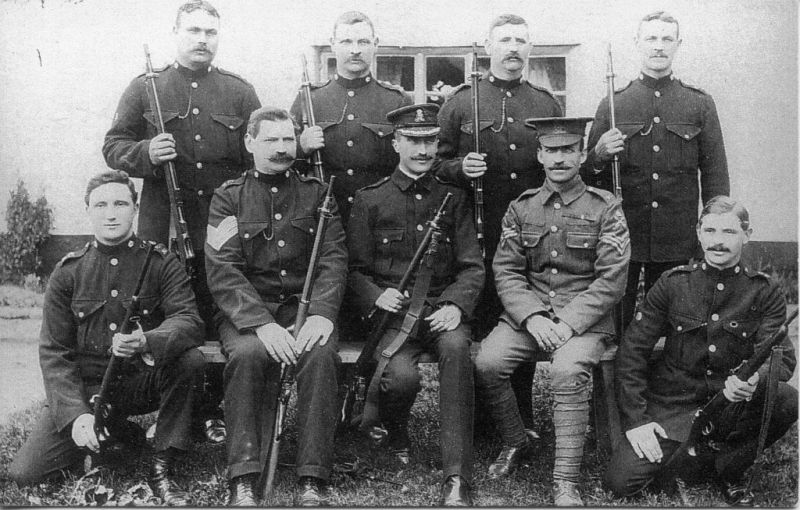 DEVON CONSTABULARY 'C' DIVISION RIFLE TEAM 1912 (NAMED)
Back Row (L-R);
Csts. Densham; Blackmore; Frost; Snell.
Front Row (L-R);
Cst. Barnacott; Sgt. Fishleigh; Supt. Halford-Thompson; Sgt. East (Instructor) Devon Regt.; Cst. Gill.
This photo appeared in the July 1912 edition of the Rifleman magazine and included scores of matches they had shot.
