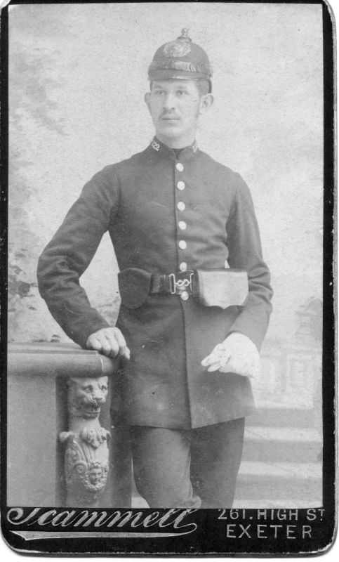 DEVON COUNTY CONSTABULARY, PC 222
Victorian PC, interesting pouches on belt.
Photographer; Scammell, 261 High Street, Exeter.
