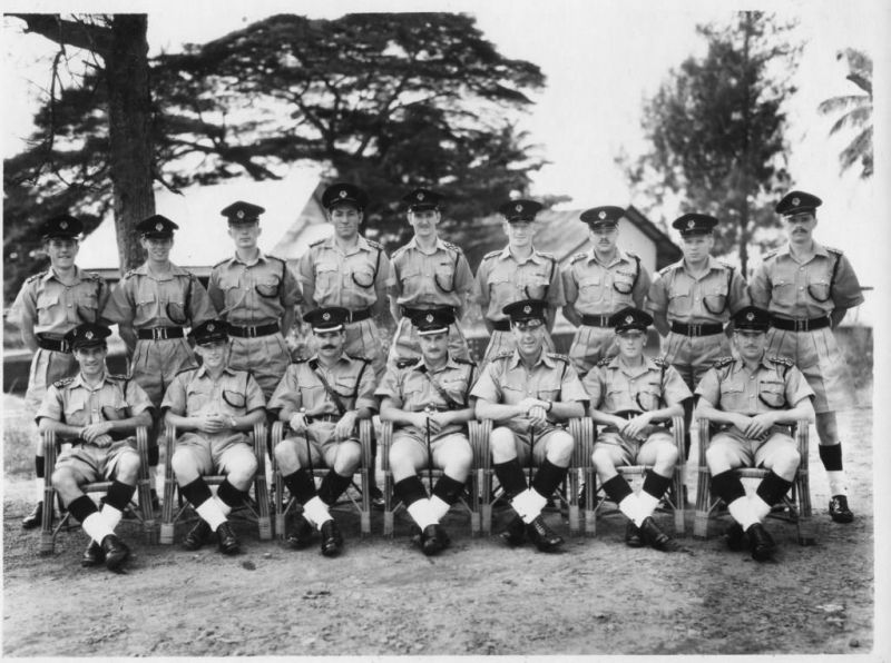 FEDERATION OF MALAYA POLICE, 1955
Federal Training School, Tanjong Kling Malacca.
Police Lieutenant initial training course #3 (03/December/1955)

Back Row: J.P.C. Moy; E.B. Young; E.A. Jones; T.G. O'Gorman; J. Ross; J.T. Wilks; J.N. Swartz; E.J.D. Harbach; M.G. White.
front Row: V.H. Gregory; J. Blake; O.G. David (Chief Instructor); A.G.A. Dalling (Commandant); J.N. Fulton (O.C. Officers Wing); K.A. Creese; G.M. Jones.
