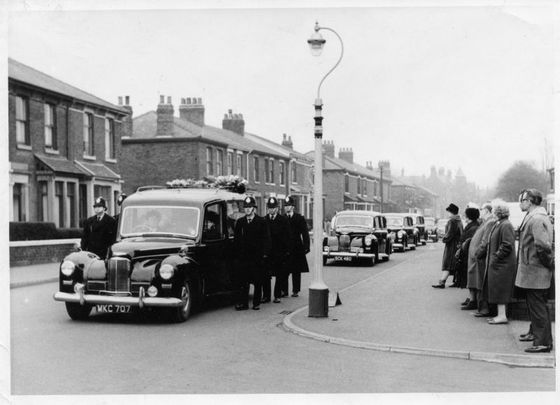 LANCASHIRE CONSTABULARY, FUNERAL OF PC David Colin BROWN
PC Brown (24 years) was killed on duty on the 11th February 1965, whilst escorting a prisoner.

This photo copyright of the Lancashire Evening News. 
