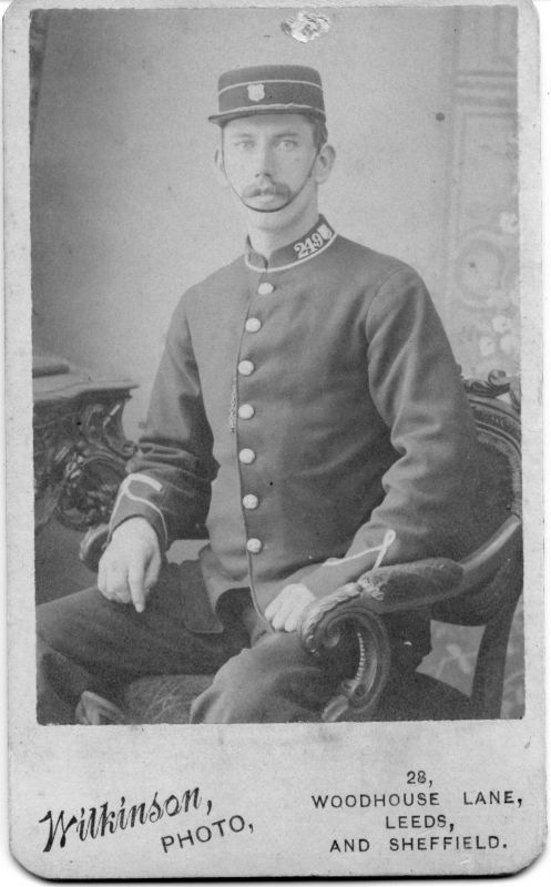 LEEDS CITY POLICE, PC 249
Photographer: Wilkinson Photo, 28 Woodhouse lane, Leeds & Sheffield.
He appears to be wearing a collar dog as a kepi badge.
