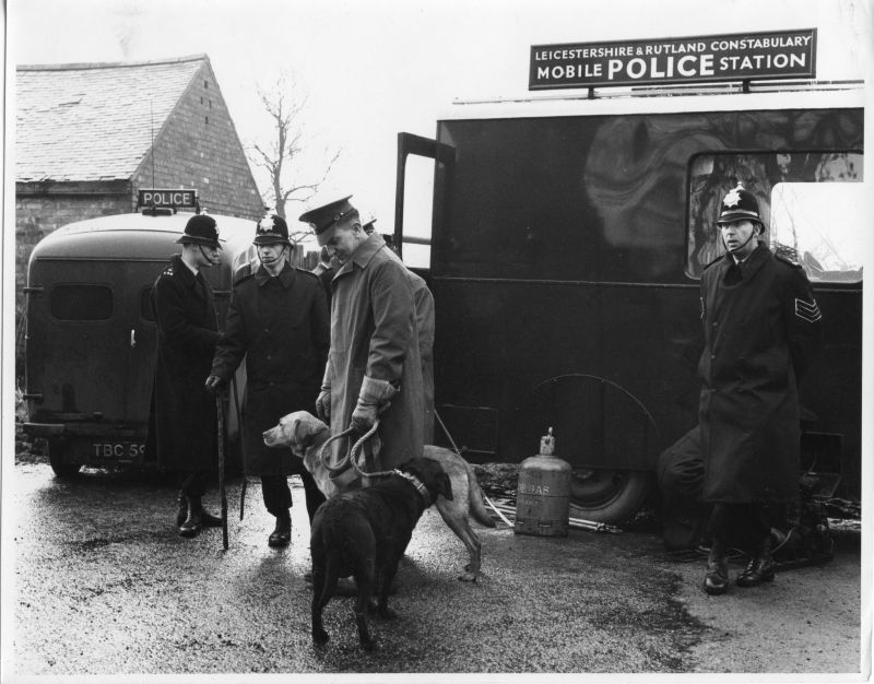 LEICESTERSHIRE AND RUTLAND CONSTABULARY
One of three photos that appear to show the police on a manhunt.
PC 154 on the left.
The dog handler appears to be; Royal Army Veterinary Corps.

