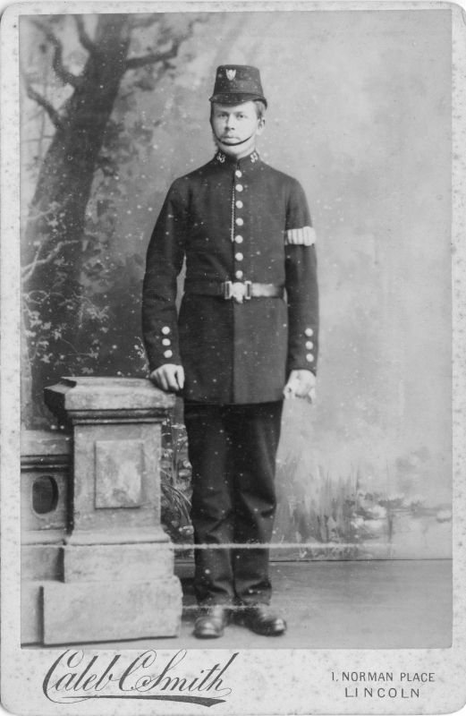 LINCOLN CITY POLICE, PC 33
Wearing a pre 1902 shako badge.
Photo by: Caleb C Smith, 1 Norman Place, Lincoln.
