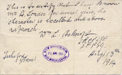 MANCHESTER CITY POLICE, LETTER RE ALFRED LOADER
TESTIMONIAL LETTER TO THIS OFFICER, BELIEVED RETURNED TO HIM UPON HIS RESIGNATION FROM THE FORCE.
Keywords: Manchester