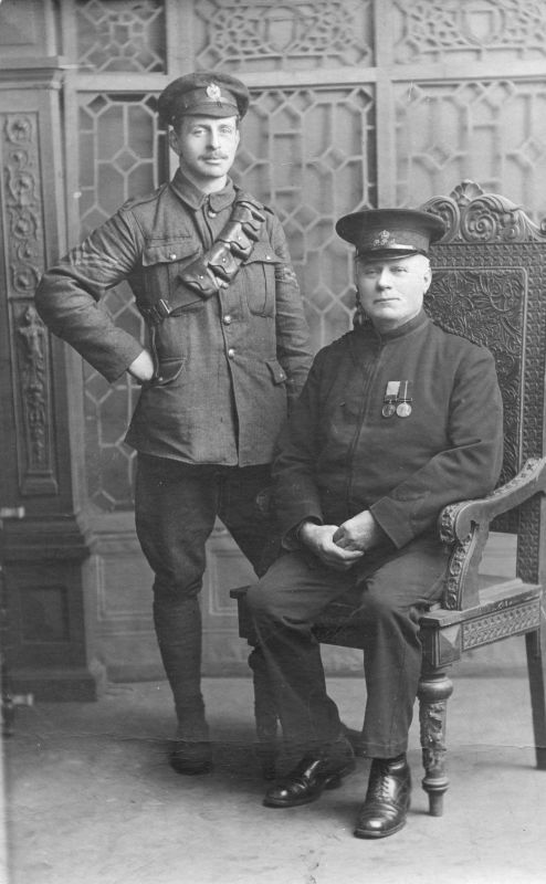 METROPOLITIAN POLICE, POLICE PENSION ASSOCIATION
Wearing  1887/1897 Jubilee medal and the 1902 Coronation medal.
Believed to be father and son from Balham.
Photo by Wykeham Studios, Balham.
