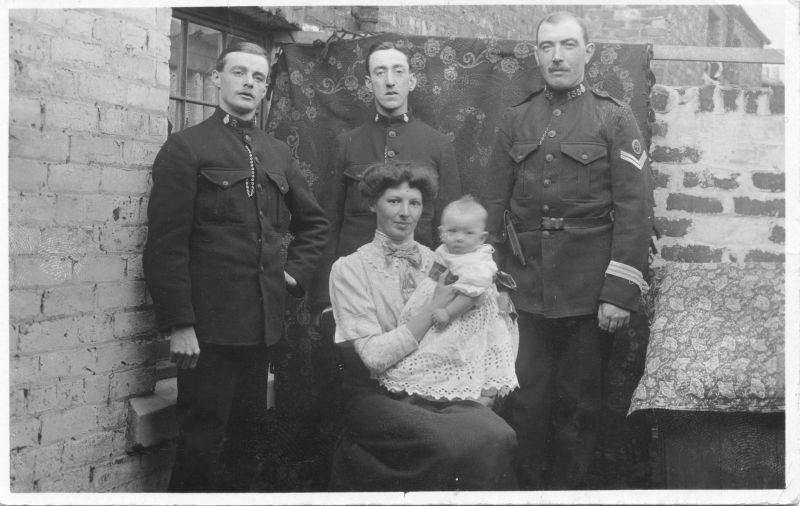 NORTH RIDING CONSTABULARY, BROTTON AREA
It looks like a family group with PC 155 on the right carrying a pistol holster.
PC to the left has 'R' (Reserve ?) on his collar and the PC in the middle has just a collar dog.
