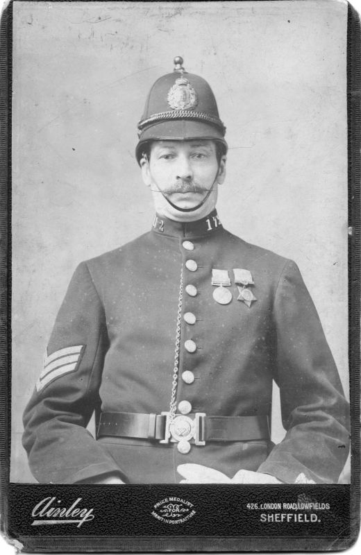 SHEFFIELD CITY POLICE, Sgt. 172
Wearing an Egypt medal and a Khedive's Egypt Star.
Photo by; Ainley of 426 London Road, Lowfields, Sheffield.
