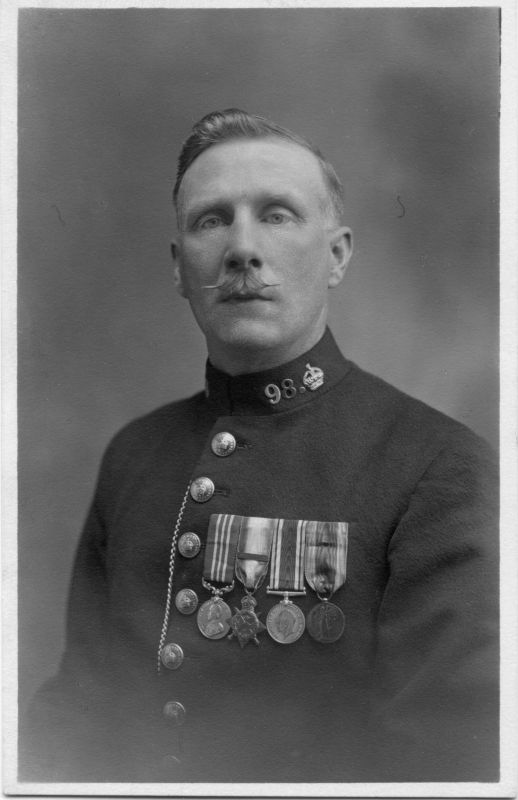 SURREY CONSTABULARY PC 98, HAS MILITARY MEDAL
Officer is wearing a WW1 trio with a 1914/15 star and a bar showing he was in action in the first three months of the war.
He also is wearing a Military Medal.
Photo by  G & H Bunce, Langdale Studios, Purley and Caterham
