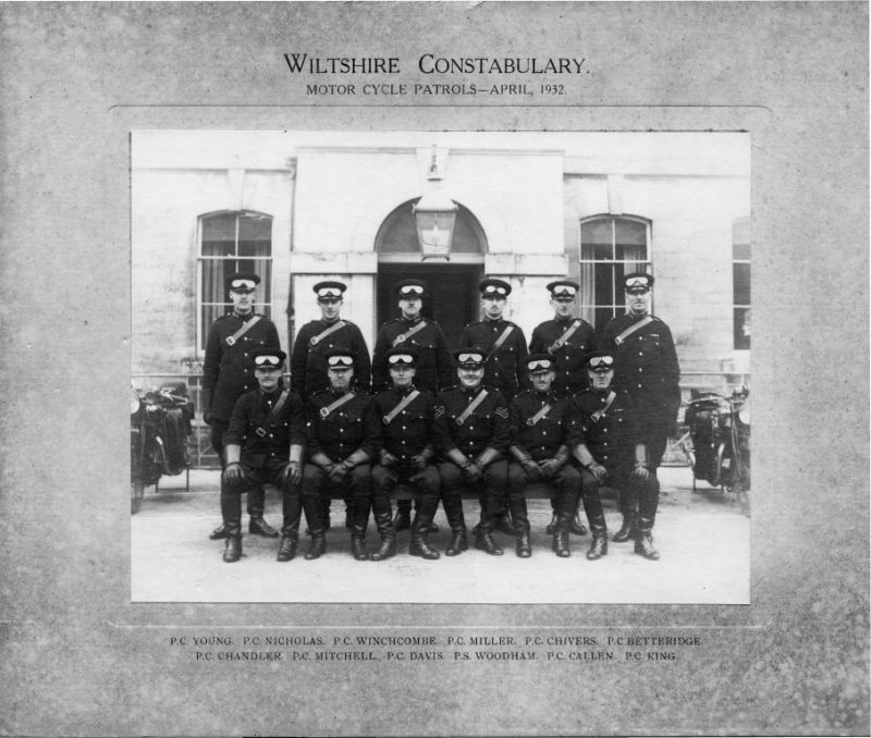 WILTSHIRE CONSTABULARY, MOTOR CYCLE PATROLS 1932
Back Row: PC 96 Young; PC 12 Nicholas; PC 250 Winchcombe; PC 161 Miller; PC 83 Chivers; PC 76 Betteridge.
Front Row: PC 88 Chandler; PC 64 Mitchell; PC 28 Davis; Sgt. 228 Woodham; PC 206 Callen; PC 125 King.
