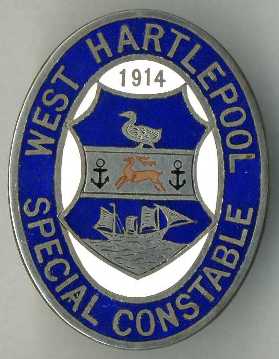 West Hartlepool Special Constable lapel badge
West Hartlepool was a division within Durham County Constabulary (and should not be confused with Hartlepool Borough Police which amalgamated with DCC in 1947).  Although part of DCC the borough issued its own lapel badges during the 1st WW, some men had their badges engraved as is this one to a local shop owner who was a Group Leader.
Keywords:  Laple special constables