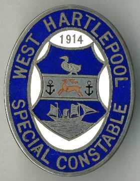 West Hartlepool Special Constable lapel badge
West Hartlepool was a division within Durham County Constabulary (and should not be confused with Hartlepool Borough Police which amalgamated with DCC in 1947).  Although part of DCC the borough issued its own lapel badges during the 1st WW, some men had their badges engraved as is this one to a local shop owner who was a Group Leader.
Keywords:  Laple special constables