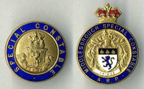 Middlesbrough Borough Police Special Constable lapel badges
Two badges issued by Middlesbrough Borough Police , both pin fastening on the rear.
Keywords: Lapel special constables