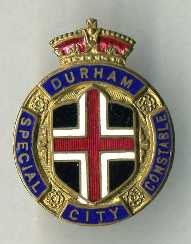 Durham City Special Constable lapel badge
Durham City Borough Police were a force of their own until they amalgamated with Durham County Constabulary in 1921.  They had a force of 21 at the beginning of the 1st WW, of which 12 served with HMF's, all returning to service.
The Watch Committe recruited a total of 350 special constables during the war and they were issued with the above lapel badge which had a button fitment.  
Keywords:  Lapel special constables